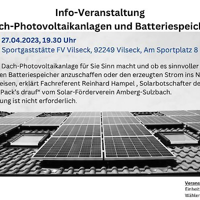 Beitragsbild Solarenergie auf dem eigenen Dach? Einladung zum Infoabend am 27. April 2023